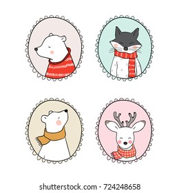 Hand draw vector illustration set vintage frame of animal for autumn and winter,wolf bear,deer.Doodle style.
