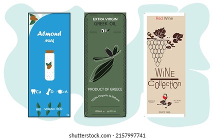 Hand Draw Vector Illustration Templates For Olive Oil, Wine  Collection And Almond  Milk Packaging.