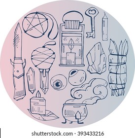 Hand draw vector illustration of witch  things on pink gradient circle.Cute and decorative doodle style line art.