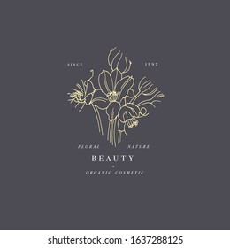 Hand draw vector lily flowers logo illustration. Floral wreath. Botanical floral emblem with typography on white background