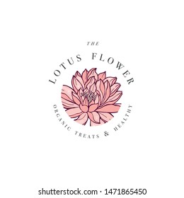 Hand draw vector lotus flowers logo illustration. Floral wreath. Botanical floral emblem with typography on white background with water lily