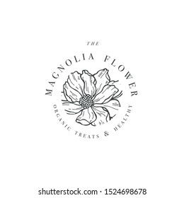 Hand draw vector magnolia flowers logo illustration. Floral wreath. Botanical floral emblem with typography on white background