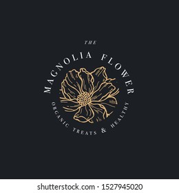 Hand draw vector magnolia flowers logo illustration. Floral wreath. Botanical floral emblem with typography on white background
