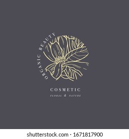 Dibujo manual magnolia vectorial ilustración del logo de las flores. Floral. Emblema floral botánico con tipografía de fondo blanco