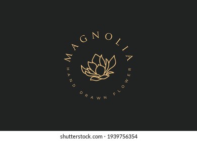 Hand draw vector magnolia flowers logo illustration  Floral wreath  Botanical floral emblem and typography white background