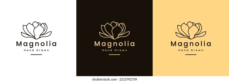 Hand draw vector magnolia flowers logo illustration  Floral wreath  Botanical floral emblem and typography white background