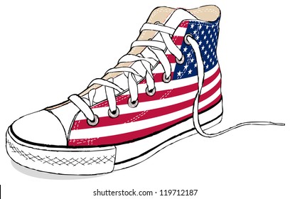 The hand draw vector modern sport shoes with USA flag