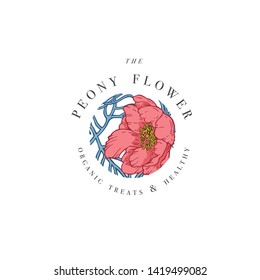 Hand draw vector narrow leaved peony flowers logo illustration. Floral wreath. Botanical floral emblem with typography on white background