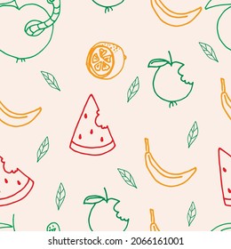 Hand draw vector pattern with colorful fruits and funny worm. Idea for printing on wrapping paper, postcards, envelopes, flyers, clothes, wallpapers.
