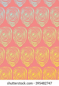 Hand draw Vector Pattern in Fingerprint Style. Green and yellow gradient on coral color background.Vector abstract  Fingerprint  hand drawn waves texture.