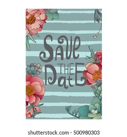 hand draw vector peonies and succulents save the date card for wedding