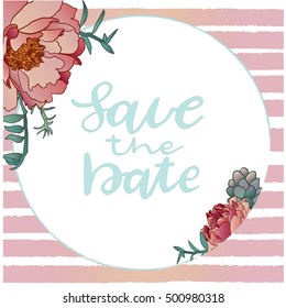 hand draw vector peonies and succulents save the date card for wedding