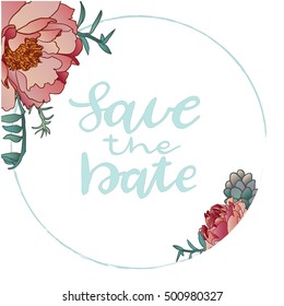 hand draw vector peonies and succulents save the date card for wedding
