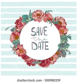 hand draw vector peonies and succulents save the date card for wedding