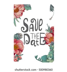 hand draw vector peonies and succulents save the date card for wedding
