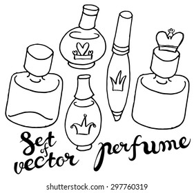 hand draw vector perfume bottles in naive style with hand lettering