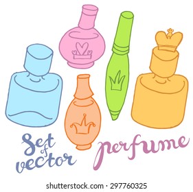hand draw vector perfume bottles in naive style with hand lettering