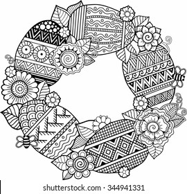 Hand draw vector rounder frame. Coloring book for adult. Easter egg and flowers