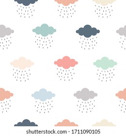 Hand draw vector seamless pattern. Pastel color cloud background with rain Repeat design for use in gift wrapping, textiles, fabrics, publications, wallpapers, vector illustrations