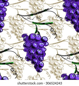 Hand draw vector seamless pattern background with grapes and leaves. For wallpaper, textiles and labels wine