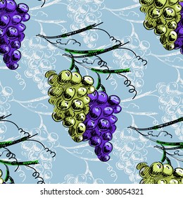 Hand draw vector seamless pattern background with grapes and leaves. For wallpaper, textiles and labels wine
