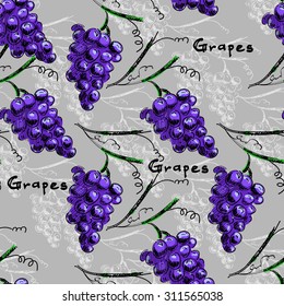 Hand draw vector seamless pattern background with grapes and leaves. For wallpaper, textiles