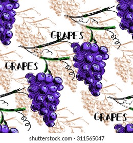 Hand draw vector seamless pattern background with grapes and leaves. For wallpaper, textiles