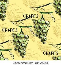Hand draw vector seamless pattern background with grapes and leaves. For wallpaper, textiles