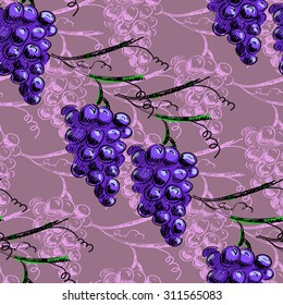 Hand draw vector seamless pattern background with grapes and leaves. For wallpaper, textiles
