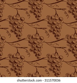 Hand draw vector seamless pattern background with grapes and leaves. For wallpaper, textiles 