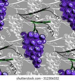 Hand draw vector seamless pattern background with grapes and leaves. For wallpaper, textiles