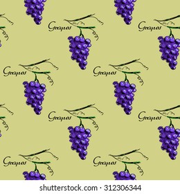 Hand draw vector seamless pattern background with grapes and leaves. For wallpaper, textiles
