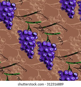 Hand draw vector seamless pattern background with grapes and leaves. For wallpaper, textiles 