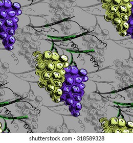 Hand draw vector seamless pattern background with grapes and leaves. For wallpaper, textiles 