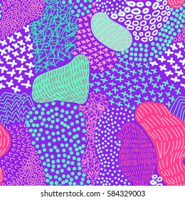 Hand draw vector seamless pattern. Purple, pink and blue colors. Background for printing brochure, poster, party, summer print,  textile design, card. .