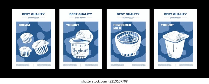 Hand draw vector set dairy products. Illustration of cream, yogurt, powdered milk on package. Design market farm product. Abstract Packaging poster Design Layouts 