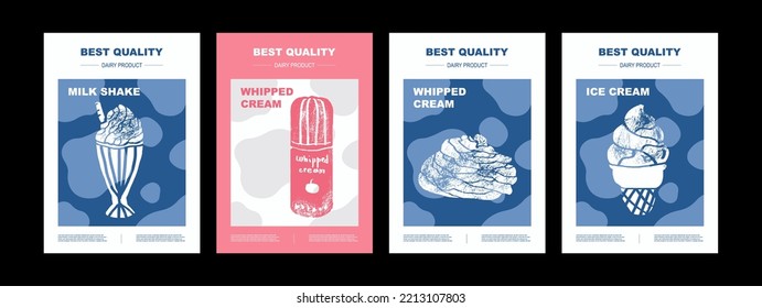 Hand draw vector set dairy products. Illustration of milkshake, whipped cream, ice cream, dessert. Design market farm product. Abstract Packaging poster Design Layouts 