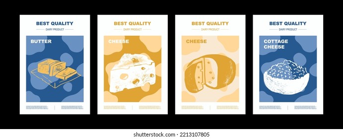 Hand draw vector set dairy products. Illustration of cottage cheese, cheese, butter, margarine. Design market farm product. Abstract Packaging poster Design Layouts 