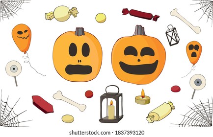 Conjunto de vectores de tracción manual de los elementos de diseño de Halloween.