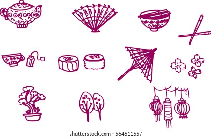 Hand draw vector sketch of Japanese symbols.