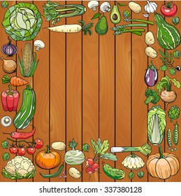 hand draw vegetables on a wooden deck