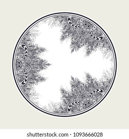 Hand draw Vintage Abstract floral ornament in circle black on white in Zen tangle style made by trace for creative design or for decoration different things. East Arabic motive.