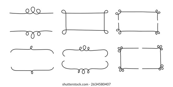 Desenho à mão Vintage Conjunto de quadros, quadro decorativo rabisco e borda, linha doodle elementos de design Ilustração de vetor