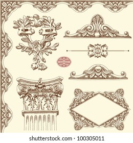 hand draw vintage sketch ornamental design element of Lviv historical building, Ukraine. Vector set: calligraphic design elements and page decoration