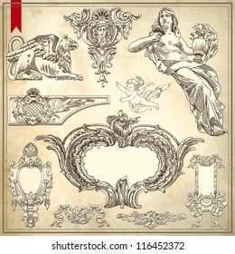 hand draw vintage sketch ornamental design element of Lviv facade historical building, Ukraine. Vector set: calligraphic design elements and page decoration