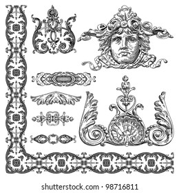 hand draw vintage sketch ornamental design element of Lviv historical building, Ukraine.  Vector set: calligraphic design elements and page decoration
