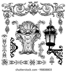 hand draw vintage sketch ornamental design element of Lviv historical building, Ukraine.  Vector set: calligraphic design elements and page decoration