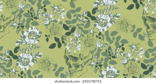 Hand draw Vintage skull with flowers and leaves seamless pattern on green background