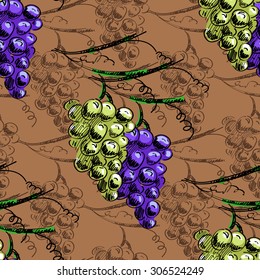 Hand draw vintage vector seamless pattern background with grapes and leaves. For wallpaper, textiles and labels wine