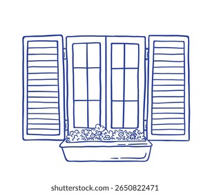 Hand draw vintage windows with open shutters and flower pots on sill vector illustration. Mediterranean style. Italian house